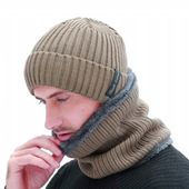 Ciepły Męski Komplet Ocieplany Zimowy Czapka + Komin Na Zimę Prążki