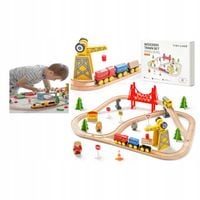 Zestaw Drewniana Kolejka 55 Elementów Z Dźwigiem Tor Wagony Pociąg