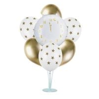 Zestaw balonów sylwestrowych na stojaku Happy New Year biały zegar