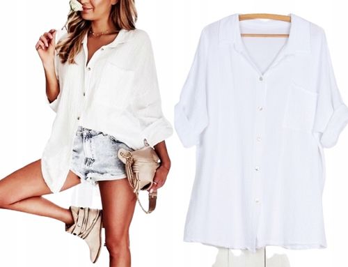 MUŚLINOWA KOSZULA TUNIKA oversize BAWEŁNA GUZIKI z masy perłowej 914 na Arena.pl