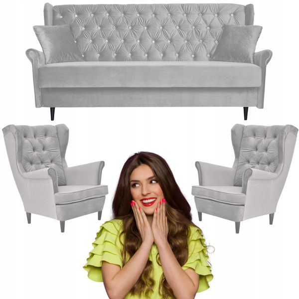 Zestaw wypoczynkowy welurowy komplet 2 fotele wersalka SZARY Family Meble zdjęcie 1