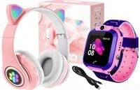 Smartwatch Różowy (GPS,Lokalizator,APARAT) + SŁUCHAWKI LED KOCIE USZY