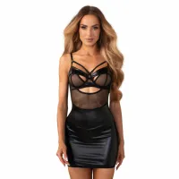 obsessive dominna komplet chemise & stringi czarny wetlook m/l