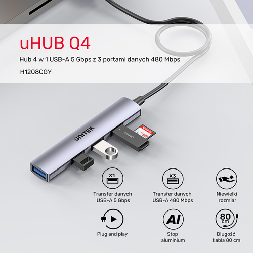 Unitek Kompaktowy hub USB-A 4 w 1 1x 5 Gbps 3x 480 Mbps na Arena.pl