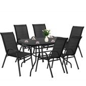 Meble ogrodowe metalowe, zestaw stół szklany 120 cm i 6 krzeseł na taras balkon czarne