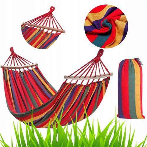 Wiszący Hamak 2-Osobowy Wielokolorowy z Drążkiem Mocny 150 cm Czerwony na Arena.pl