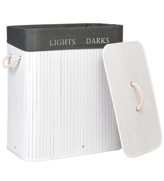 Kosz bambusowy pojemnik na pranie 2 komory biało-szary zdjęcie 5