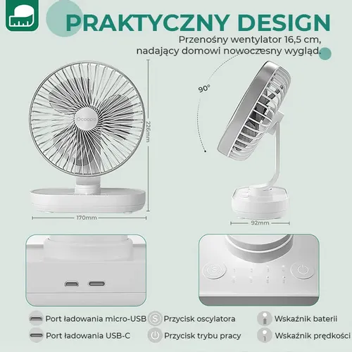 Wentylator stołowy Ocoopa D77 silver akumulator USB oscylator na Arena.pl