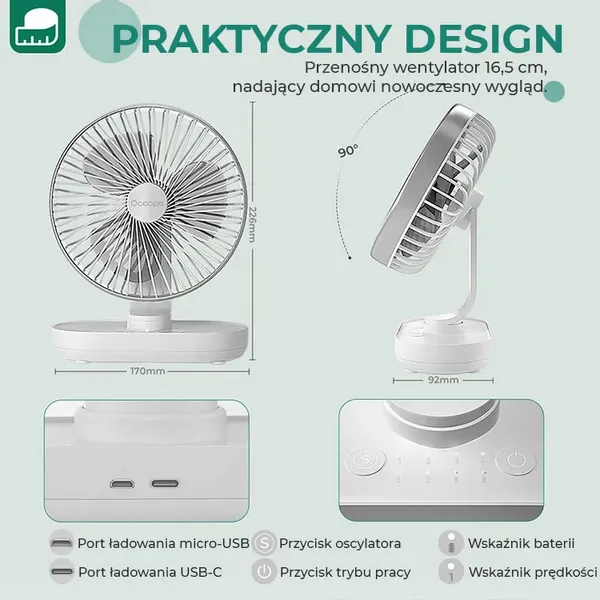 Wentylator stołowy Ocoopa D77 silver akumulator USB oscylator zdjęcie 3