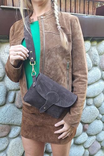 Zamszowa Torebka włoska CZEKOLADOWA nerka listonoszka MAXI DUŻA WERSJA na Arena.pl