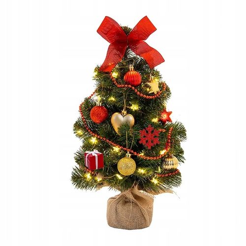 Choinka sztuczna mała ubrana na pniu z jutą i dekoracjami LED 45cm na Arena.pl
