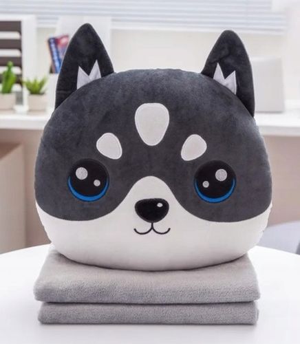 MASKOTKA PODUSZKA KOC OGRZEWACZ DO RĄK PIES HUSKY POPIELATY Z KOCEM 4w1 na Arena.pl