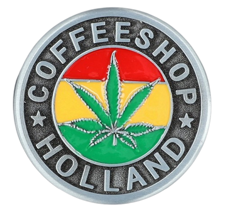 Młynek z Napisem COFFE SHOP HOLLAND i Liściem Marychy na Tle Kolory Reggae na Arena.pl