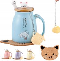 ZESTAW KUBEK Z KOTEM KOT ŁYŻKA PODKŁADKA SITKO Z HERBATĄ PORCELANOWY 380ml