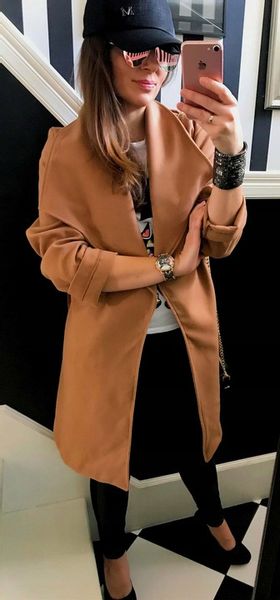 PŁASZCZ blogger KLASYCZNY klapy pasek CZERWONY zdjęcie 4