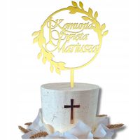 TOPPER NA TORT PIERWSZA KOMUNIA ŚWIĘTA GAŁĄZKI OLIWNE + IMIĘ ZŁOTE LUSTRO