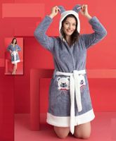 Szlafrok damski z kapturem miękki pluszowy soft szary miś XL