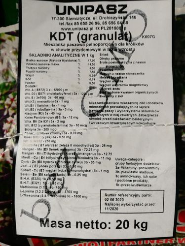 Pasza, karma dla królików w tuczu KDT UNIPASZ 20kg na Arena.pl