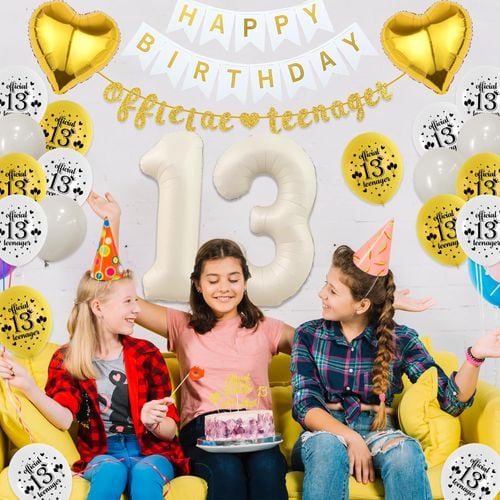 Zestaw Dekoracji 13 Urodziny 66 Sztuk Biało Złote Balony Baner Konfetti na Arena.pl