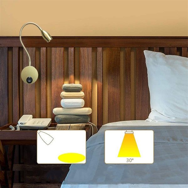 Złota lampka FLEXI nocna do czytania do sypialni Kiniet LED 3W Wobako zdjęcie 3