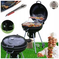 GRILL OGRODOWY WĘGLOWY Z POKRYWĄ OKRĄGŁY VL04 CZARNY + SZCZYPCE
