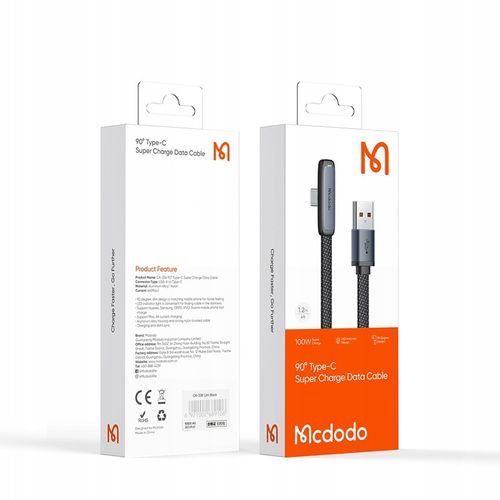 MCDODO KABEL USB-C KĄTOWY SZYBKIE ŁADOWANIE USB TYP C 6A 100W CZARNY 2M na Arena.pl