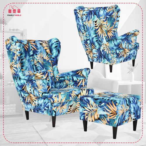 Fotel uszak ARI PRINT z podnóżkiem, skandynawski Family Meble monstera na Arena.pl