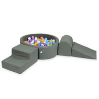 Piankowy plac zabaw z basenem okrągłym 90x30 szary + 200 piłek (jasny błękit, żółte, wrzos, pudrowy róż, białe)