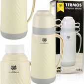 TERMOS ZE SZKLANYM WKŁADEM 1L BEŻOWY SZCZELNY NA KAWĘ HERBATĘ DWA KUBKI