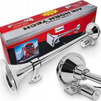 GŁOŚNY KLAKSON FANFARA CHROM TIR SYGNAŁ PNEUMATYCZNY Z ZAWOREM 12V/24V 73CM