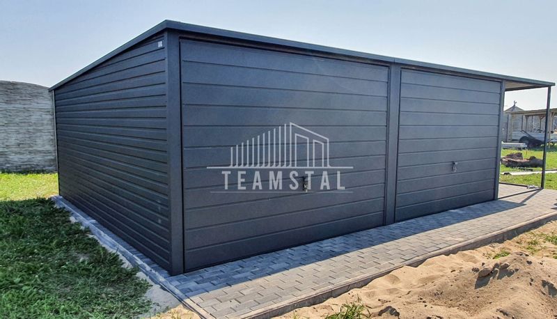 GARAŻ BLASZANY 6m x 5m poziom - spad tył 2x Brama uchylna - wiata - dodatkowe drzwi + antracyt BTX 7016 TS221 6x5 zdjęcie 6