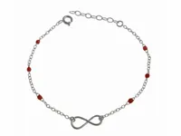 SREBRNA BRANSOLETKA CZERWONE KORALIKI NIESKOŃCZONOŚC INFINITY
