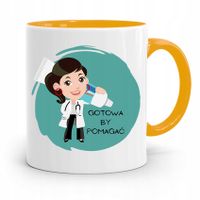 Kubek Żółty Prezent Dentysty Gotowa By Pomagać Z Nadrukiem Ze Zdjęciem