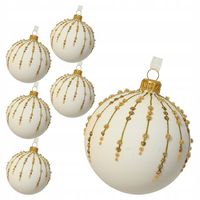 Białe Matowe Szklane Bombki Choinkowe Brokatowe Złote Linie 8 cm 6 szt.