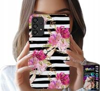 ETUI DO SAMSUNG GALAXY A23 5G - KWIATKI W CZARNO - BIAŁE PASKI WZORY