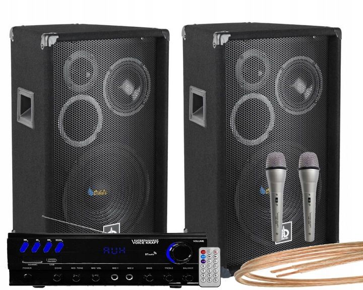 ZESTAW NAGŁOŚNIENIA 600W KOLUMNY GŁOŚNIKOWE + 2 MIKROFONY KARAOKE BLUETOOTH zdjęcie 1