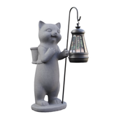 Figurka Kota Ogrodowa z Latarnią Solarną Żywica Szara 28 cm Ozdoba