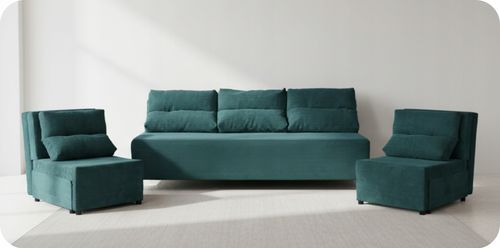 Zestaw KIMO funkcja spania sofa fotele Family Meble zielony Anafi sztruks na Arena.pl