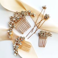 Złoty zestaw eleganckich ozdób do włosów grzebyki kokówki cyrkonie kryształ