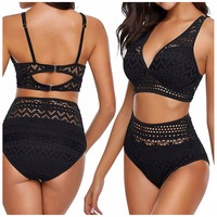 STRÓJ KĄPIELOWY BIKINI WYSOKI STAN CZARNY AŻUROWY KORONKA KOSTIUM BIKINI S