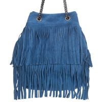 VERA PELLE torebka zamszowa listonoszka z frędzlami V569 c.jeansowa