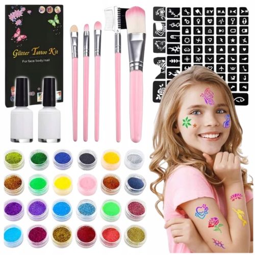 ZESTAW FARB I TATUAŻY ZESTAW DO MALOWANIA TWARZY BROKATOWE ZMYWALNE na Arena.pl