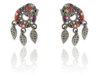 Delikatne rodowane srebrne kolczyki celebrytki łapacz snów dreamcatcher kolorowe cyrkonie srebro 925 K2799