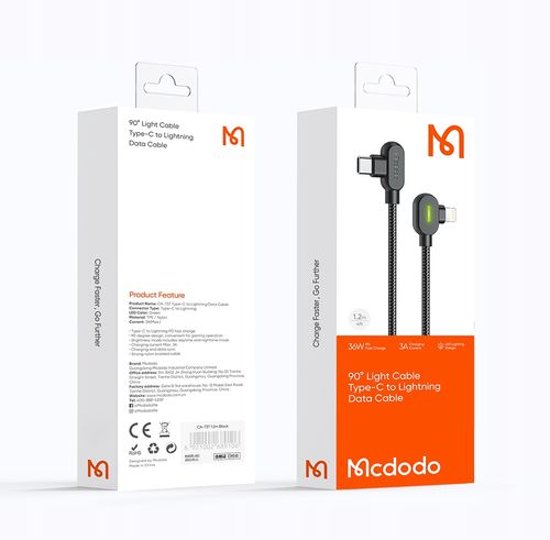 mcdodo kabel kątowy 90° usb-c lightning dwustronny do iphone 13 14 led 1m na Arena.pl