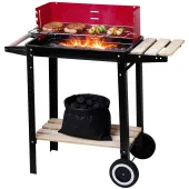 Grill węglowy ogrodowy 83x33x86cm na kołach półki drewniane ruszt bbq