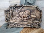 Drewniany Płaskorzeźba las obraz JELEŃ na polanie strzelby 40cm myśliwstwo