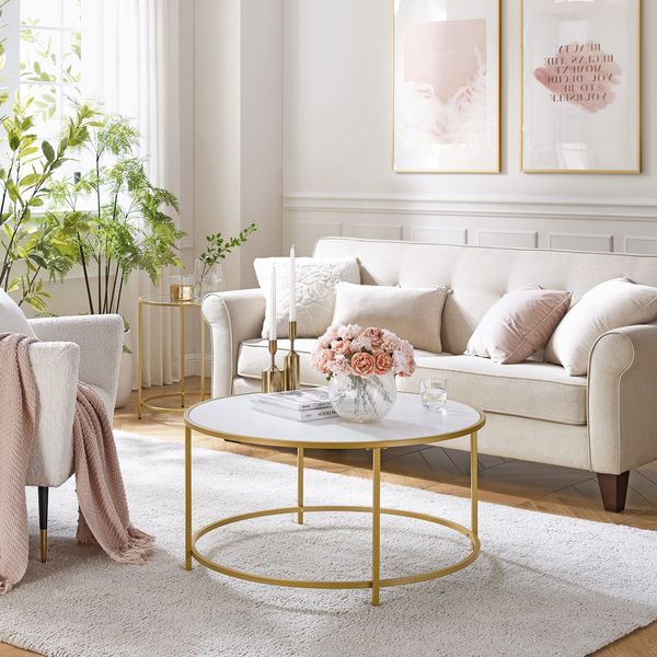 Stolik kawowy okrągły 84x45 cm biały blat złota stalowa glamour zdjęcie 2