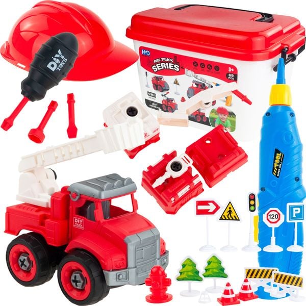 MAŁY STRAŻAK ZESTAW MAŁEGO STRAŻAKA POJAZDY AUTKA WÓZ AKCESORIA HEŁM 4 W 1 zdjęcie 1