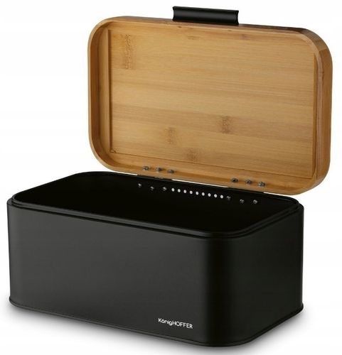CHLEBAK STALOWY Z POKRYWA BAMBUSOWA POJEMNIK NA PIECZYWO CHLEB BUŁKI Czarny na Arena.pl