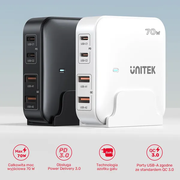 Unitek Ładowarka biurkowa GaN 70W 2xUSB-A 2xUSB-C zdjęcie 5